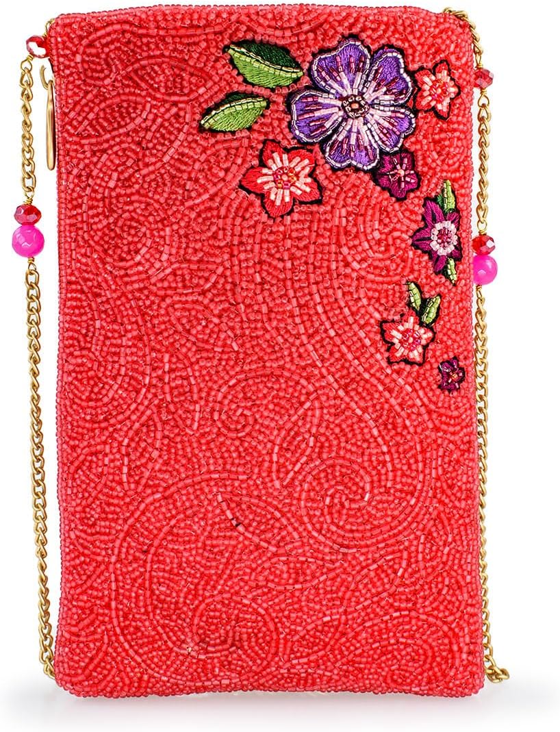 Mary Frances Glamour Girl Beaded Lipstick and Floral Crossbody Cell Phone Bag Clutch with Removable Chain Strap, Pink