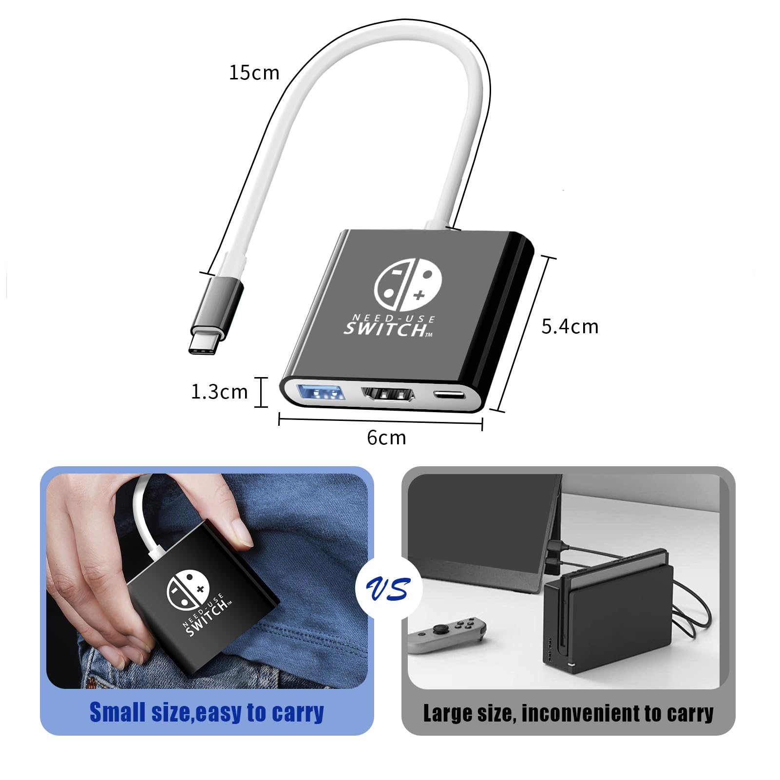 Adattatore USB C a HDMI per switch NS/OLED, Dock 3 in 1 TV Switch Adattatore con cavo HDMI 4K, ricarica 100 W tipo C, compatibile con switch NS/OLED, Steam Deck, Smartphone, PC (nero)