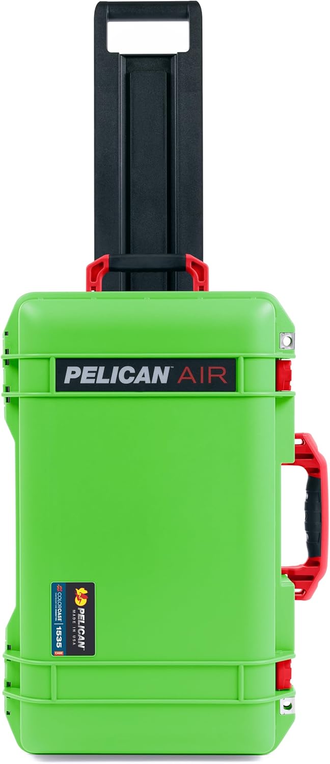 ColorCase Pelican Air 1535 Carry-on Case Lime Green - Waterproof Case with Laptop Computer Lid Pouch Only - Red Handles & Latches