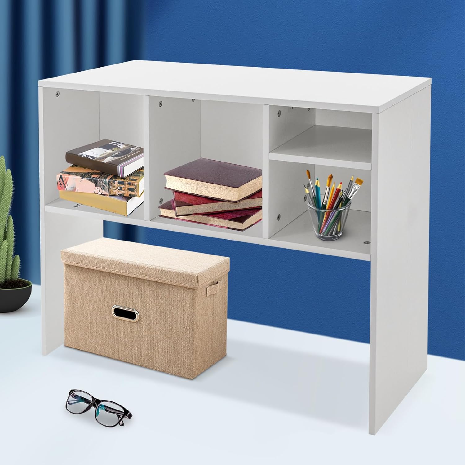 Desktop Bookshelf, 37" Desktop Organizer Shelf White Desk Hutch for Computer Desk 2 Tier Desk Shelf Multifunctional Freestanding Storage Rack Display Shelf for Home Office