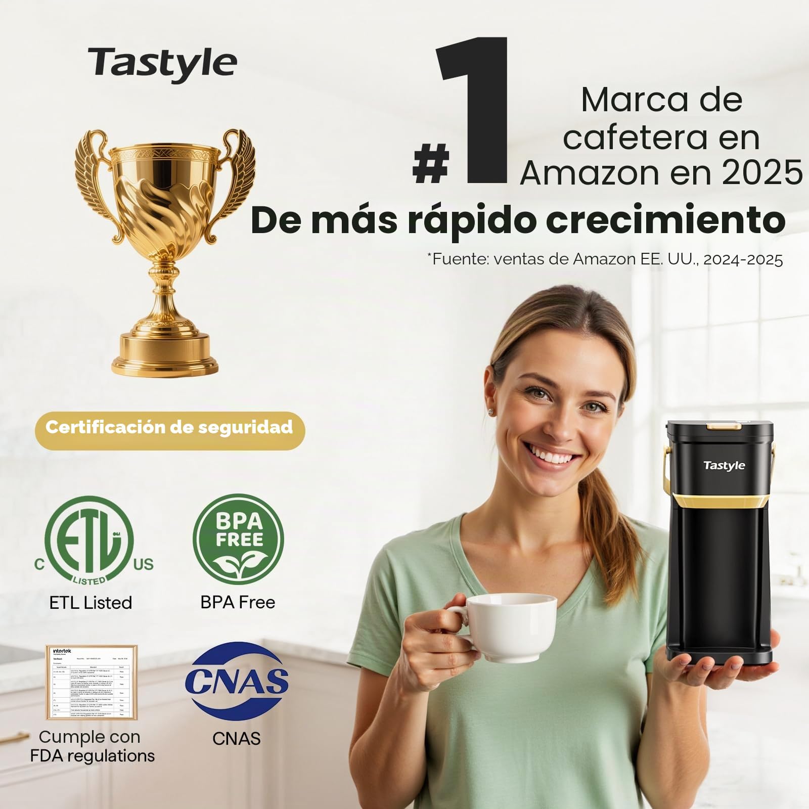 Tastyle - Cafetera de una sola taza para tazas K y molidos, mini cafetera con mango portátil, tamaño de cerveza de 6 a 12 onzas, para viajes, camping, oficina, RV y recámara, 120 V, negro y dorado