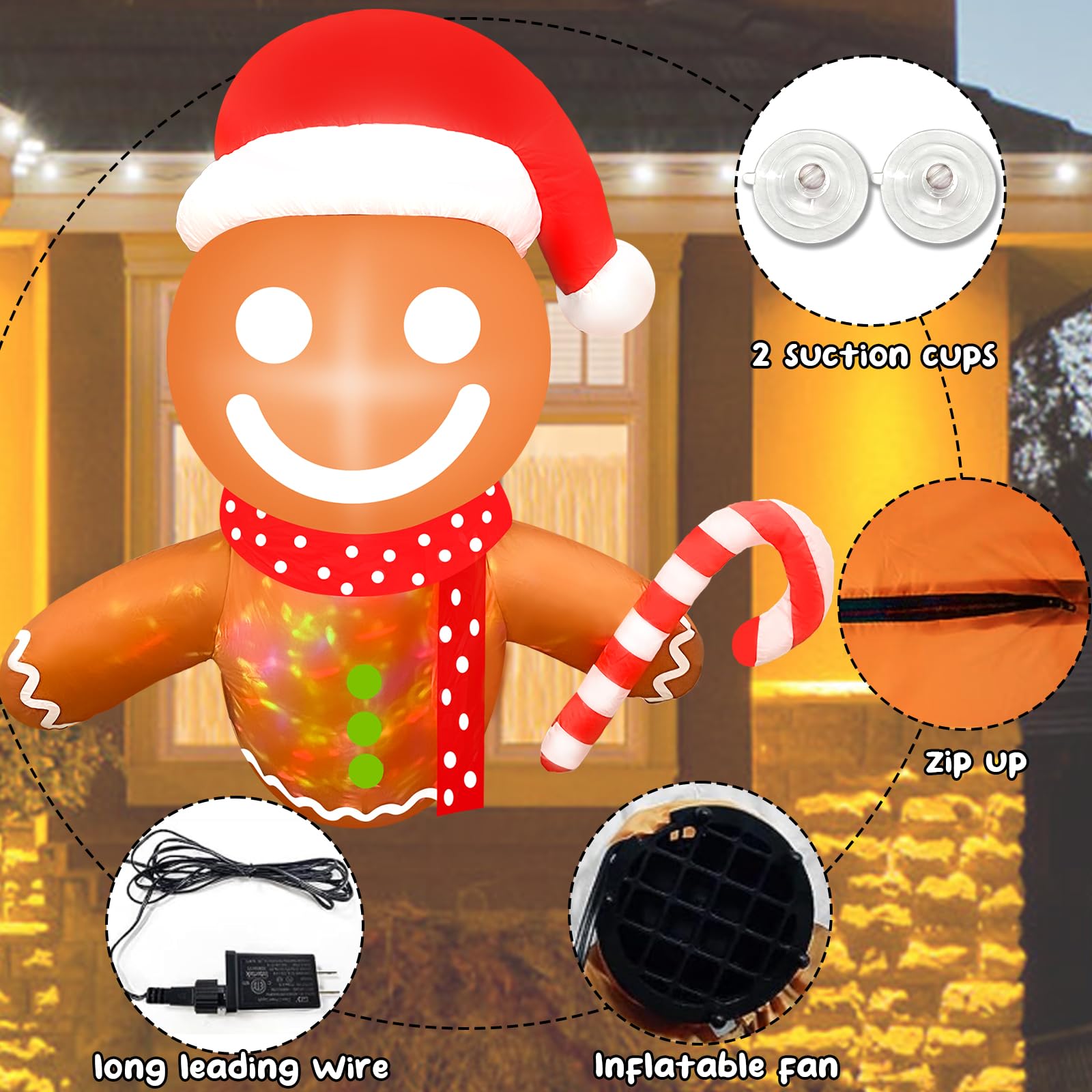 Aufblasbare Weihnachtsdekoration, Lebkuchen aus dem Fenster, 1,5 m, mit integrierten rotierenden bunten LED-Lichtern, Weihnachtsdekoration für den Innen- und Außenbereich, Hof, Garten, Zuhause,