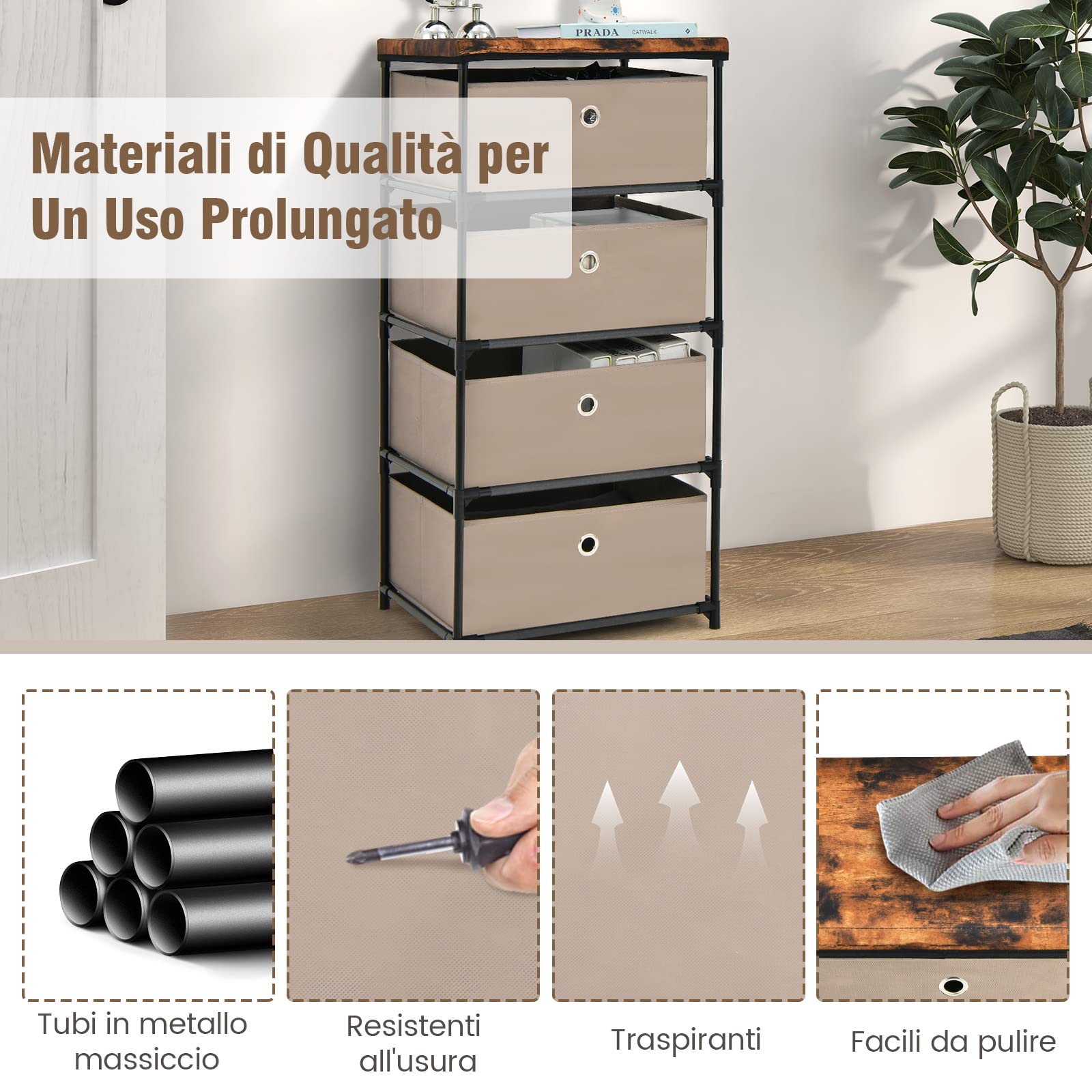 GYMAX Comò Portaoggetti, Mobile Cassettiere in Tessuto, Struttura Metallica Robusta, con Cassetti Rimovibili e Pieghevoli (Caffè, 42 x 33,5 x 84,5 cm)