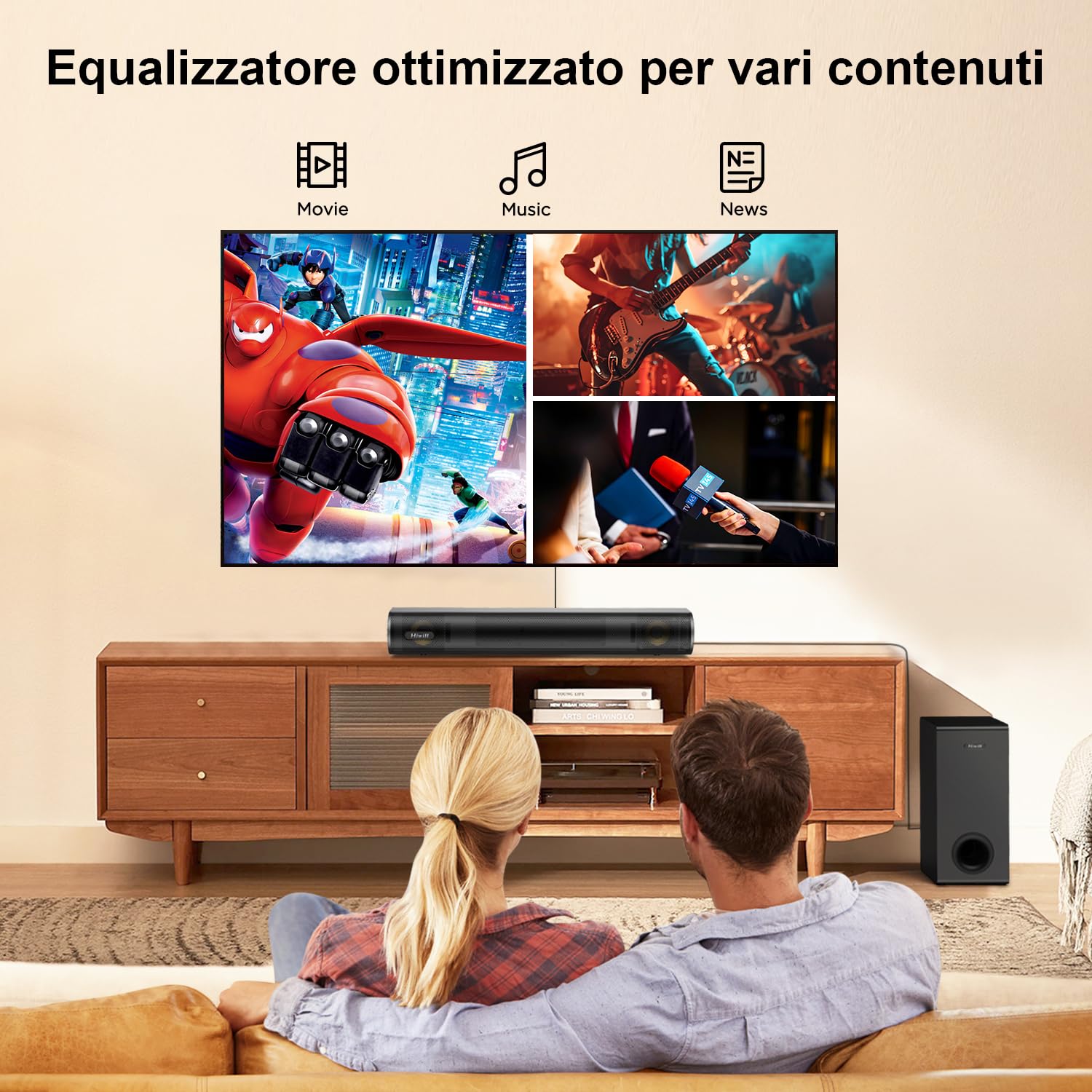 Hiwill 2.1CH Dolby Atmos Soundbar TV, Soundbar per TV con subwoofer grande da 5,25'', alti e bassi regolabili, altoparlanti per home theater, Potenza di picco 200W, eARC/ARC/OPT/BT/AUX, HiElite A21