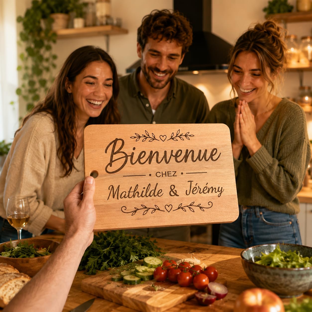 Planche à découper personnalisée en hêtre massif – Planche apéro gravée – Texte personnalisé – 40 × 26 × 2 cm – Cadeau mariage, couple, famille, crémaillère – BIBAMBOIS