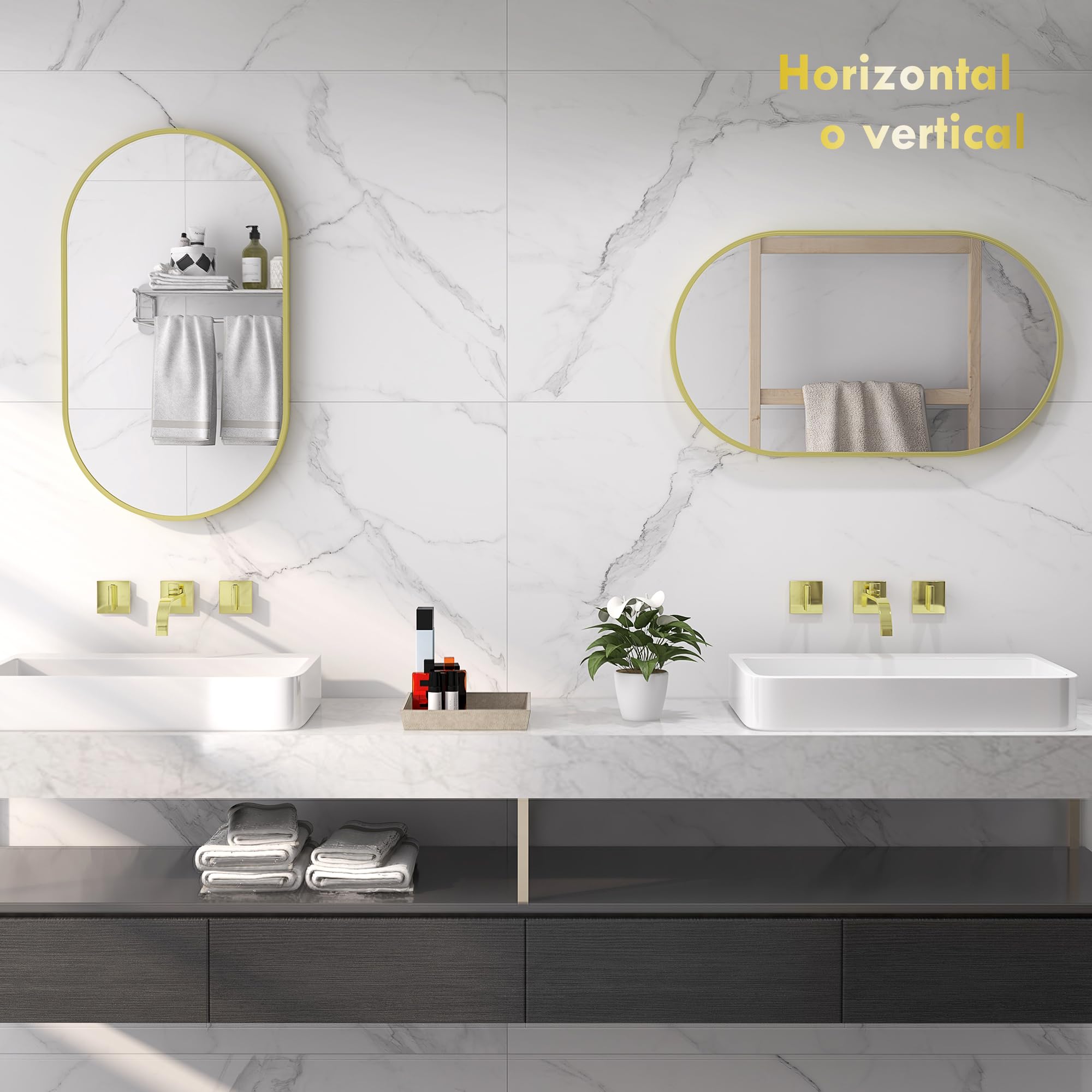 HOMCOM Espejo de Baño Ovalado 40x70 cm con Marco de Aluminio Espejo de Pared Decorativo Horizontal o Vertical para Salón Entrada Pasillo Dorado