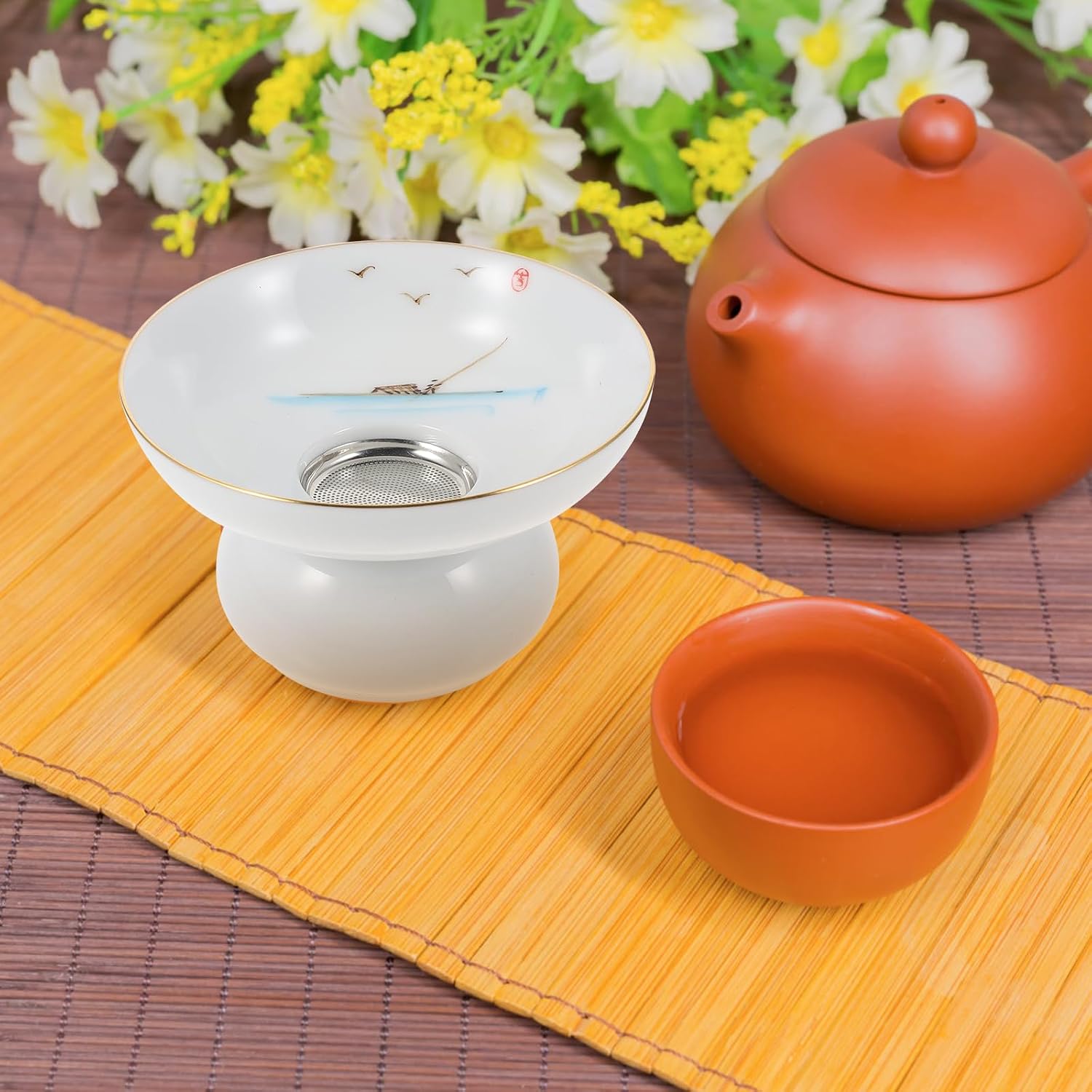 PRETYZOOM Ceramic Tea Filter with Support Stand Tea Strainer for Loose and Gongfu Ceremony Porcelain Infuser Accessory for Home Office Desktop 3.93 X 3.93 X 2.55 in