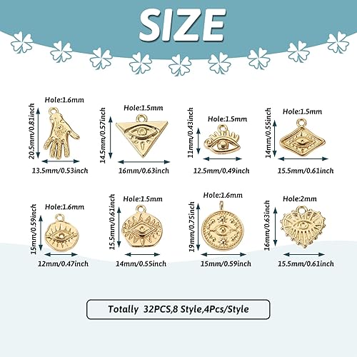 Miniatura 4 de Craftdady 32 dijes de aleación contra el mal de ojo, diseño geométrico dorado, rombo, triángulo, corazón, ojo a granel, para mujer, pulsera y