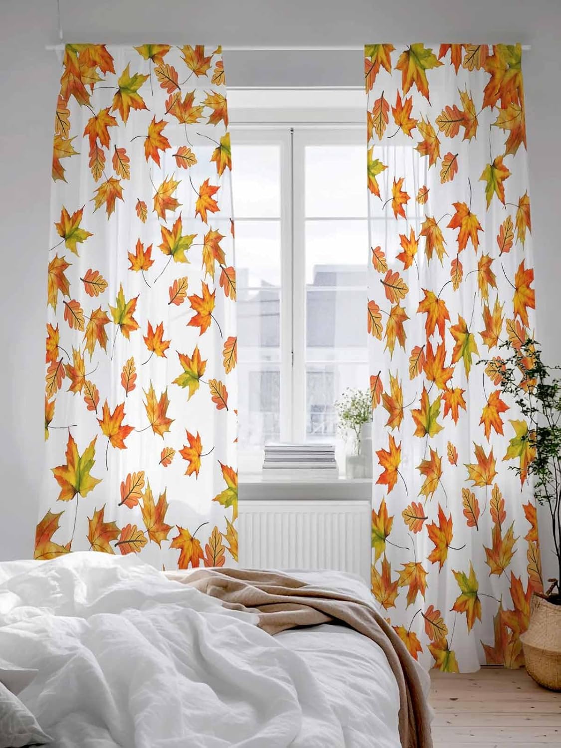 Fall Sheer Curtains 84 Inch Length 2 Panels Set, Harvest Fall Maple Leaves Kitchen Curtains Rod Pocket Orange Autumn Curtain for Bedroom Living Room, Thanksgiving Voile Window Treatment Decor Themed