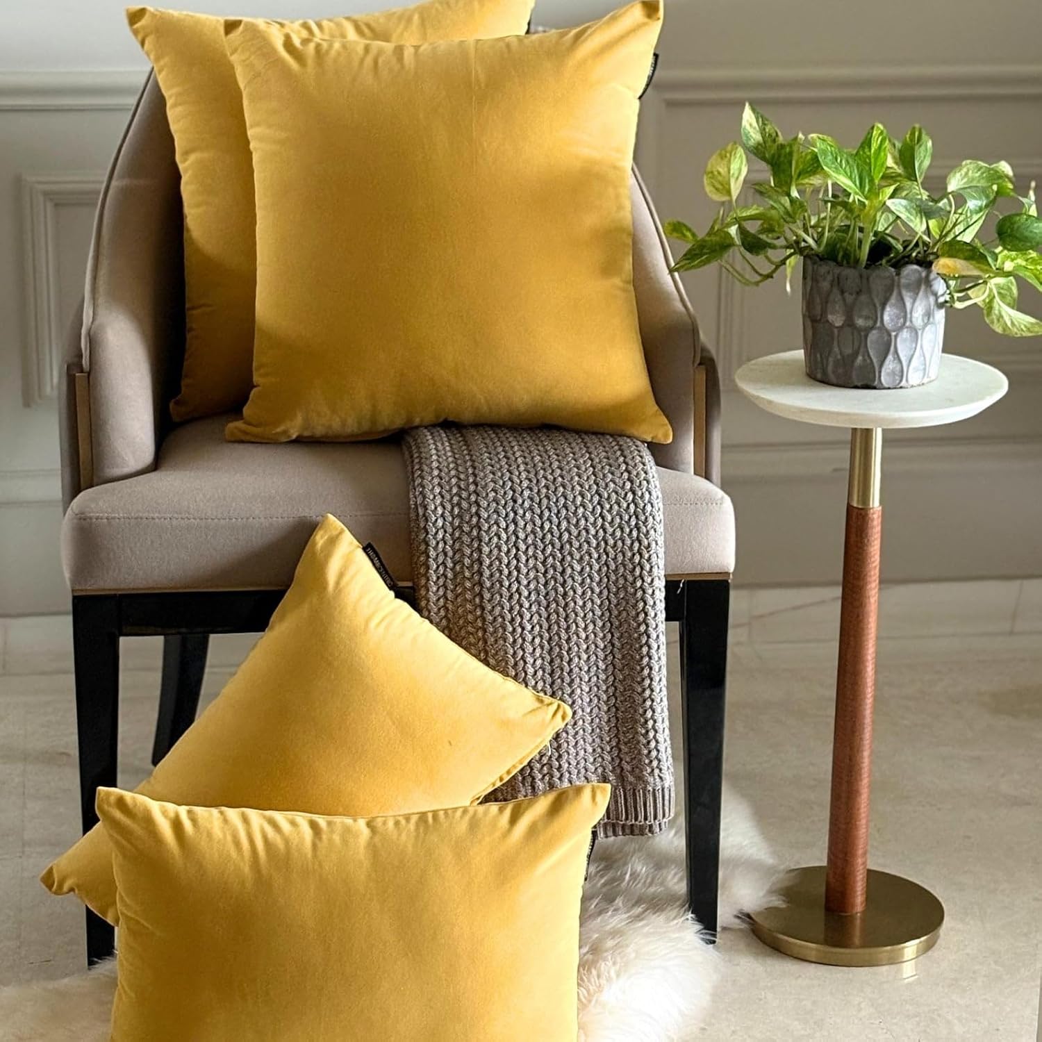 Mustard Yellow Luxury Throw Pillow Covers 16"x16" | Pack of 2 Modern Plain Velvet Cushion Cover | Solid Pillowcases for Couch, Sofa Bedroom & Living Room, Modern Home Décor - Mustard Yellow Velvet