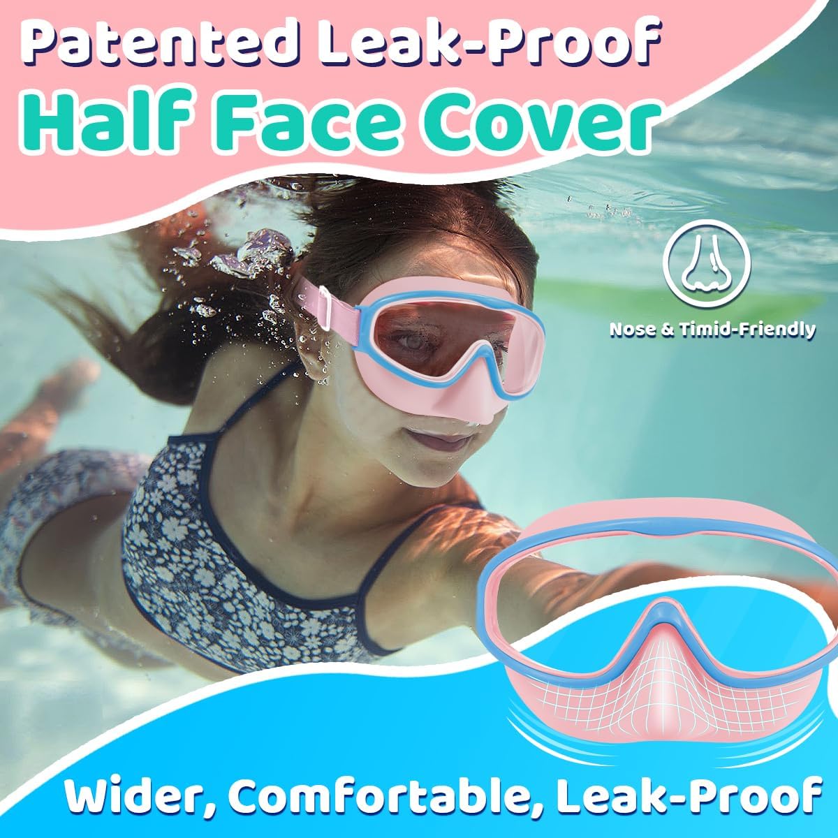 Vvinca Swim Goggles with Nose Cover, Fabric Strap Toddler Kids Swimming Goggles Diving Mask Anti-Fog/UV No Leak for Age 3-15