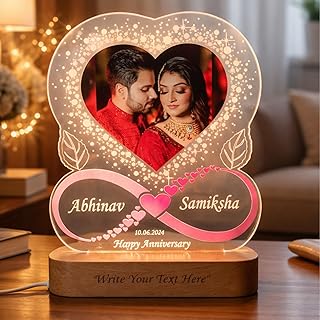 SHAYONA Personalized LED Photo Lamp with Name & Date | Custom Heart Shape Acrylic Night Light with Wooden Base | Romantic Price In India