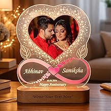Personalized LED Photo Lamp with Name & Date | Custom Heart Shape Acrylic Night Light with Wooden Base | Romantic Gift for Couples, Wedding, Valentine, Birthday Gift