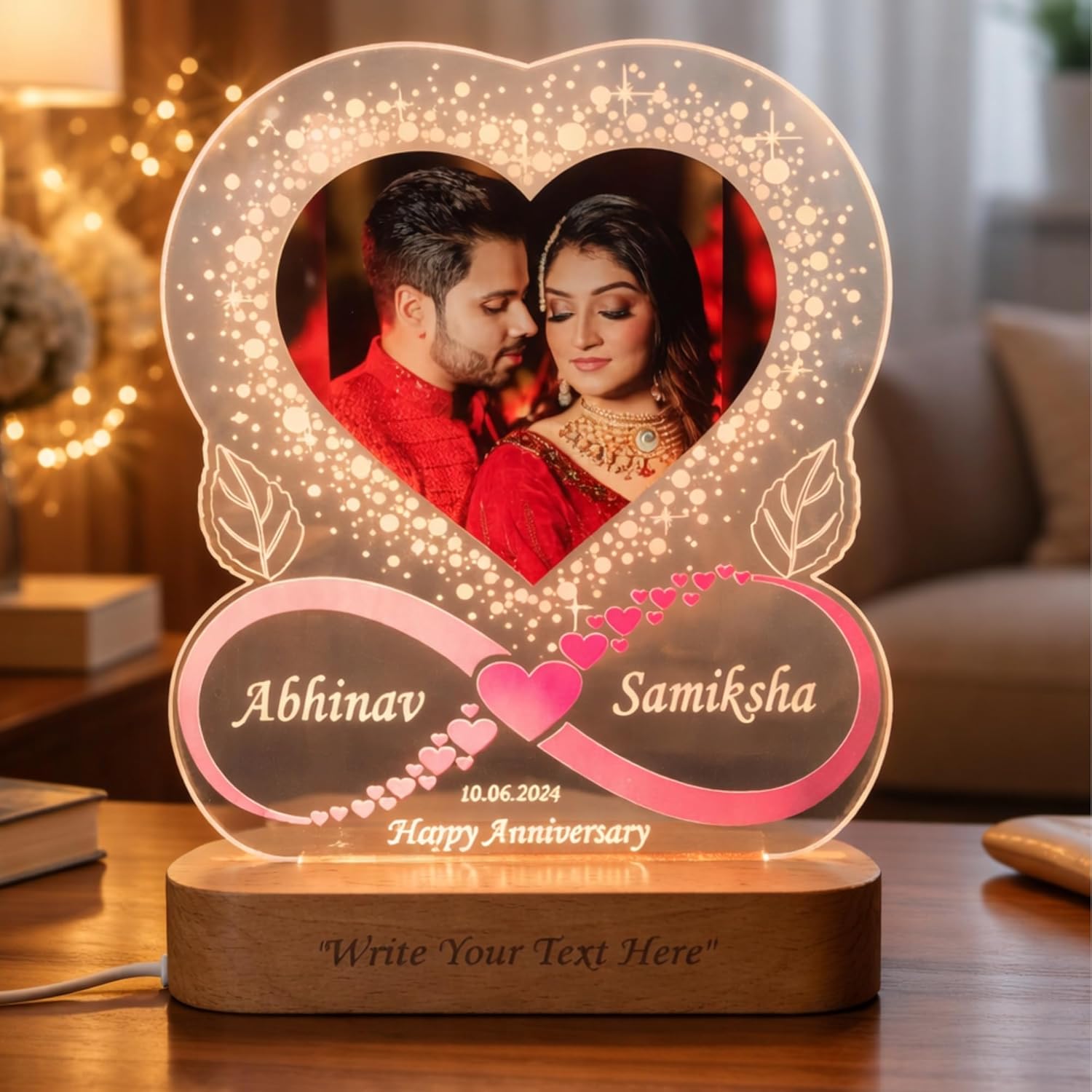 SHAYONA Personalized LED Photo Lamp with Name & Date | Custom Heart Shape Acrylic Night Light with Wooden Base | Romantic ...