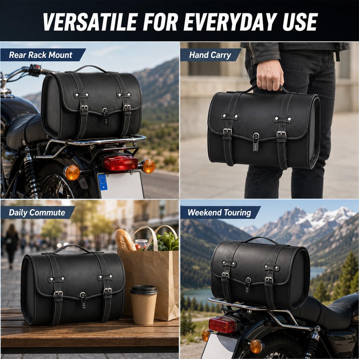 Motorrad Hecktasche 39×32×28cm, Abschließbare PU-Leder Aufbewahrungstasche für Scooter, E-Bike und Moped, Heckträger Gepäcktasche für Halbhelme, Zubehör und Alltag