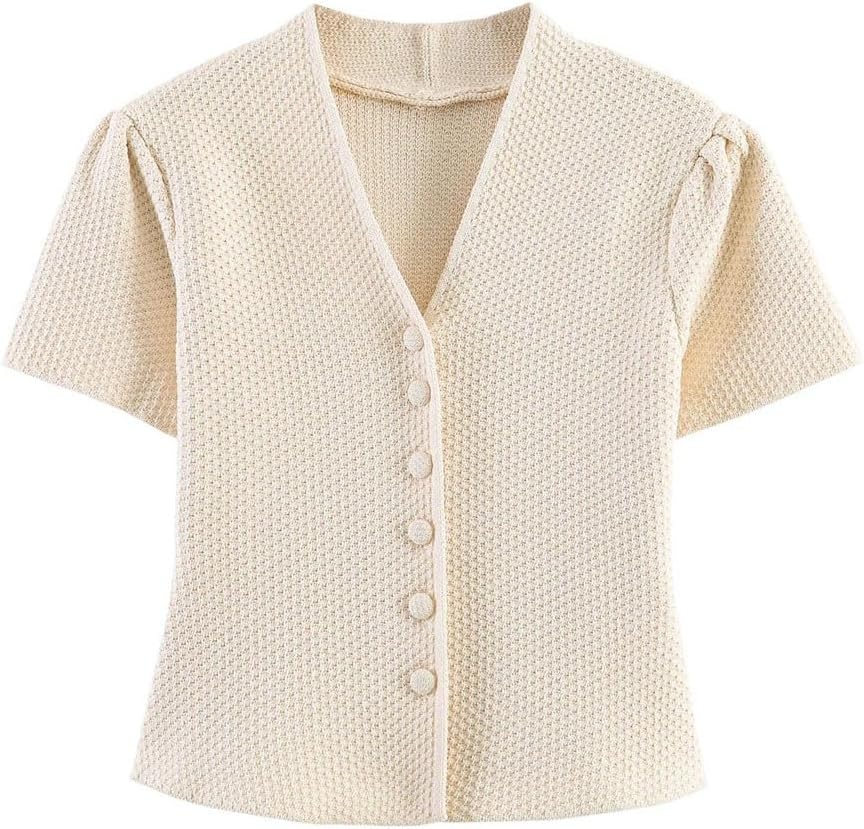 Women's V-Neck Structured Knit Short Sleeved Cardigan Jacket Camisole Short Top Half Skirt Set