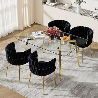 SERENITà Black Modern Hand Weaving Dining Chairs,Velvet Upholstered Side Chairs with Gold Legs, Chic Vanity Chairs with Armrest, Accent Chair for Dining Room, and Cafe Set of 2