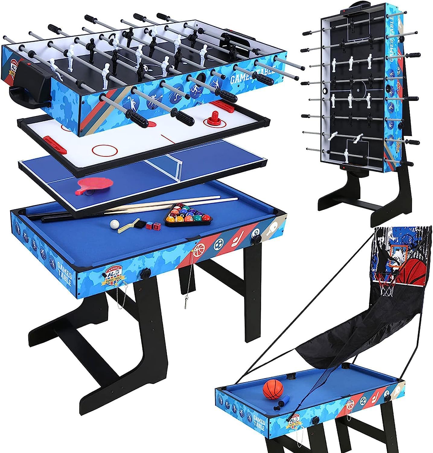 HLC 4FT Multi Function Combo Game Table with Pool Billiard Slide Hockey Foosball Basketball and Table Tennis