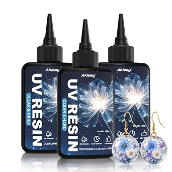 Akisey UV Resin 300g, Crystal Clear UV Resin Glue - No-Yellowing, Hard Type, Low Viscosity & Low Shrinkage, Ultraviolet Curing UV Epoxy Resin for Jewelry Making, DIY Crafts, Casting