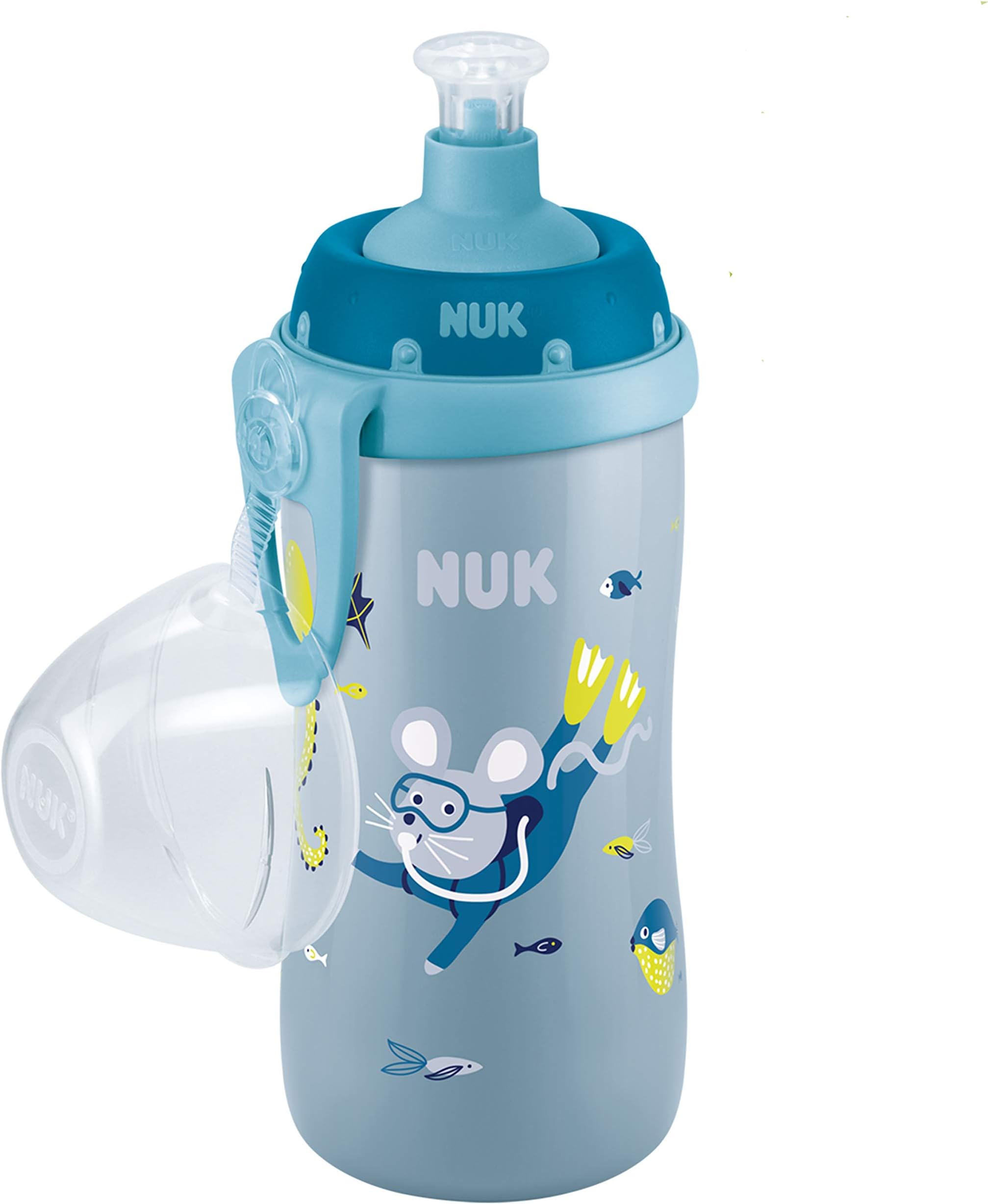 Nuk 10255469 Junior Cup Drinking Bottle with Push Pull Spout Clip, Leak-Proof, BPA-Free, 300 ml, Mouse (Blue)