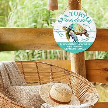 Muktoujaumai Sea Turtle Sign Wall Decor, Summer Beach Inspirational Hanging Sign Decor Motivational Ocean Wall Decorations Sign for Home, Bathroom, Living Room, Office, Sea Turtle Wisdom
