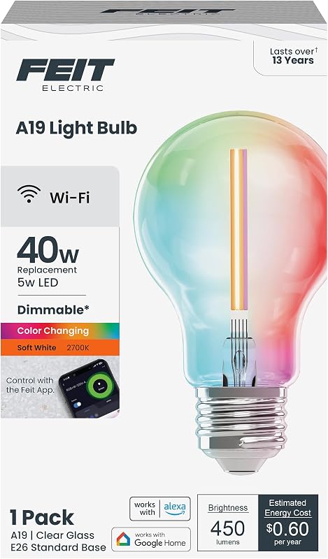 Bombilla LED inteligente Feit Electric A19, 40 W Eq, cambio de color RGB | Regulable, filamento recto, Wi-Fi de 2,4 GHz, control por aplicación/voz, funciona con Alexa/Google Asst, ideal para accesorios decorativos