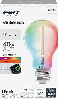 Smart LED Light Bulb, 40W Eq, Color Changing, Dimmable, Works with Alexa & Google Home, Wi-Fi Enabled, Straight Filament Glass Design, 90+ CRI, 15,000-Hour Lifetime, A1940/CL/RGBW/FIL/AG