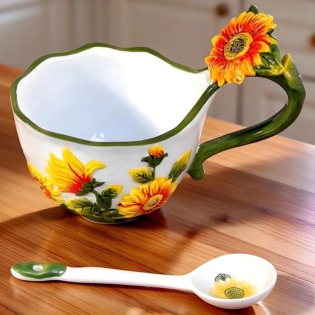 17.64 Oz Microwavable Soup Bowl with Handle, Hand Painted Relief Sunflower Decorative Soup Bowls with Handles, Ceramic Soup Bowl with Spoon for Holding Fruits Cereal Snack, Chili, Ice Cream, Stew
