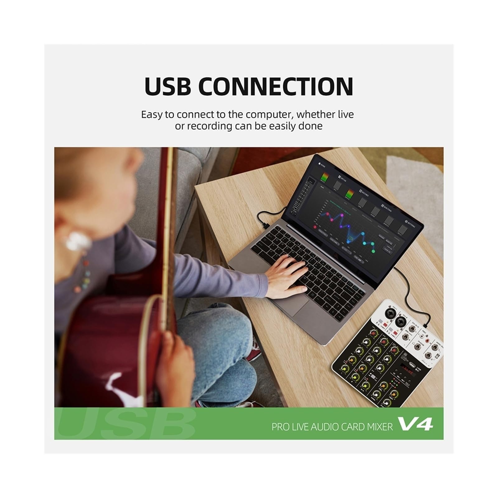 Mezclador de audio, Consola de mezcla sonido V4, computadora grabación USB, alimentación fantasma 48 V, efecto retardo, mezclador 4 canales