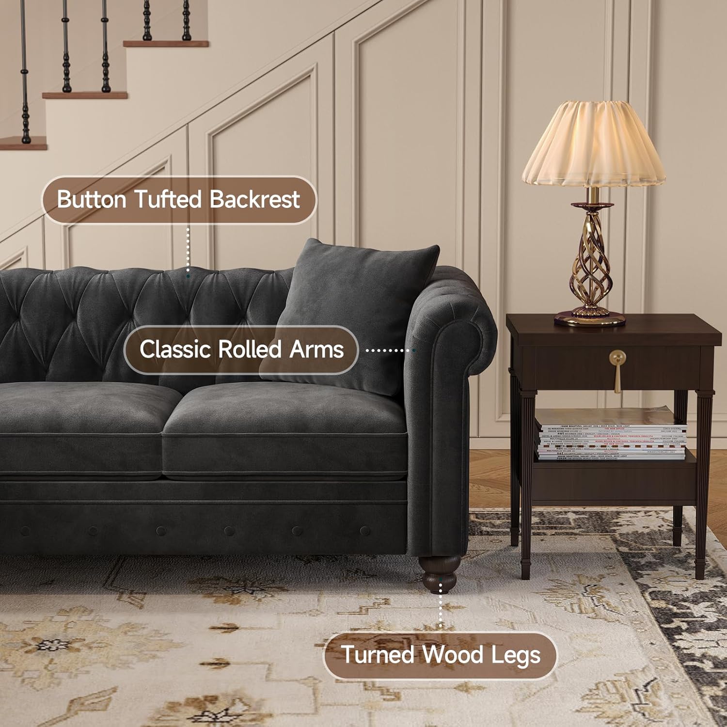 ONBRILL Chesterfield L Shaped Sofa, Velvet Sectional Couches for Living Room, Tufted Corner Couch with Rolled Arms, 3 Throw Pillows, Comfy L Shaped Sectional Sofa for Apartment, Black