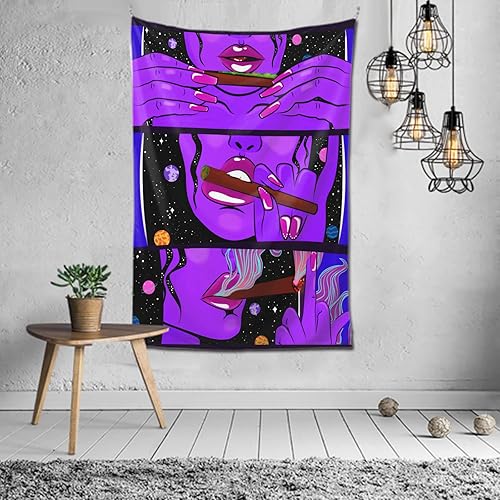 Miniatura 2 de Trippy Cool Girl Tapiz para colgar en la pared, tapiz hippie con estampado de arte morado, azul, negro, cortina de manta para mujer, decoración