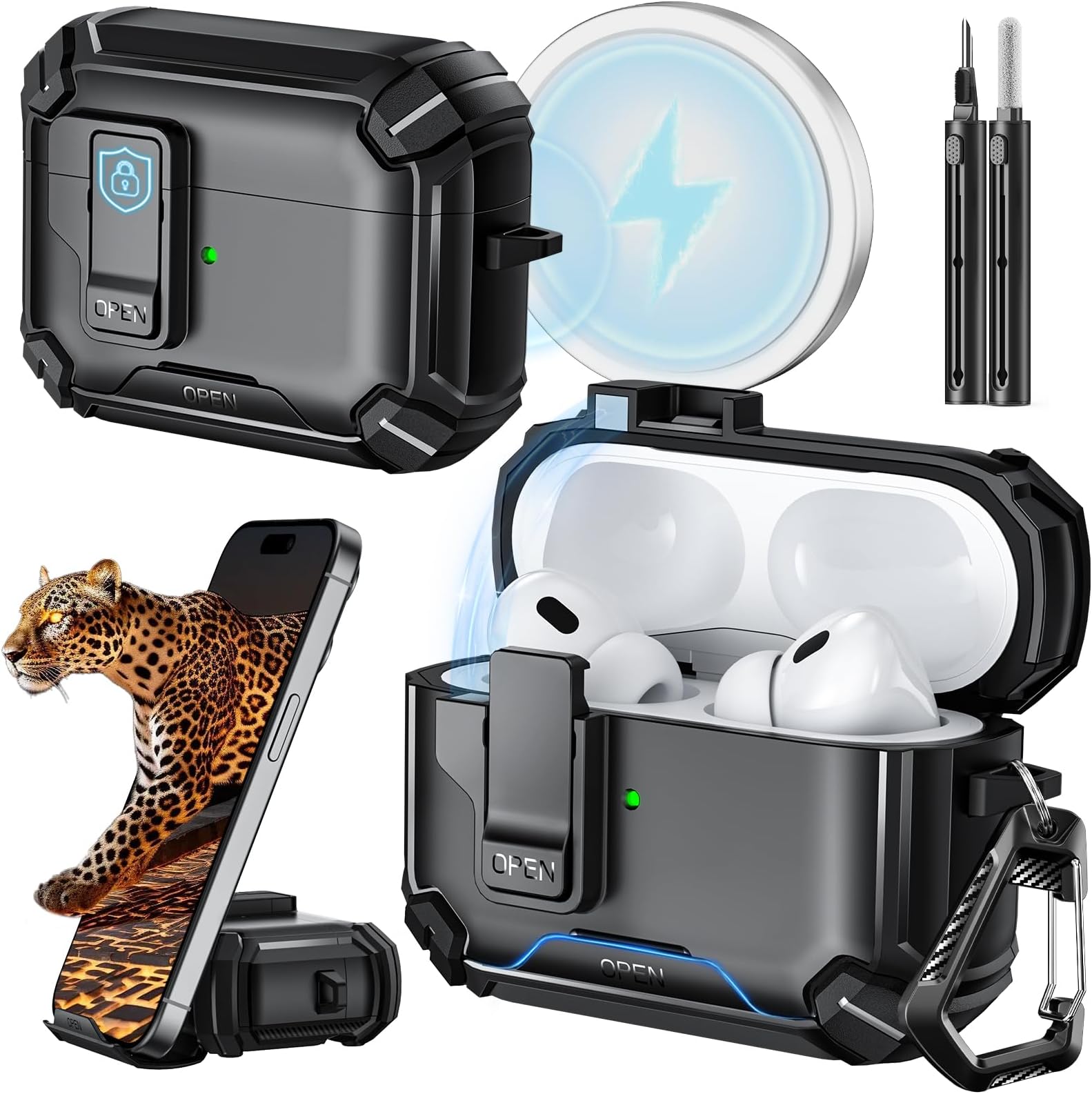 Inesore Compatible with AirPods Pro 2nd/1st Generation Case Cover with Phone Stand & Cleaning Kit,Compatible with Magsafe,Magnetic Automatic Lock for iPod Pro Charging Case(USB-C/Lightning Cable)