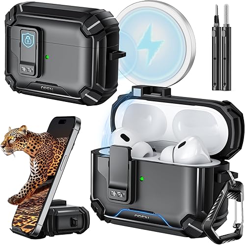 Inesore Funda compatible con AirPods Pro de 21 generación con soporte para teléfono y kit de limpieza, compatible con MagSafe, bloqueo automático