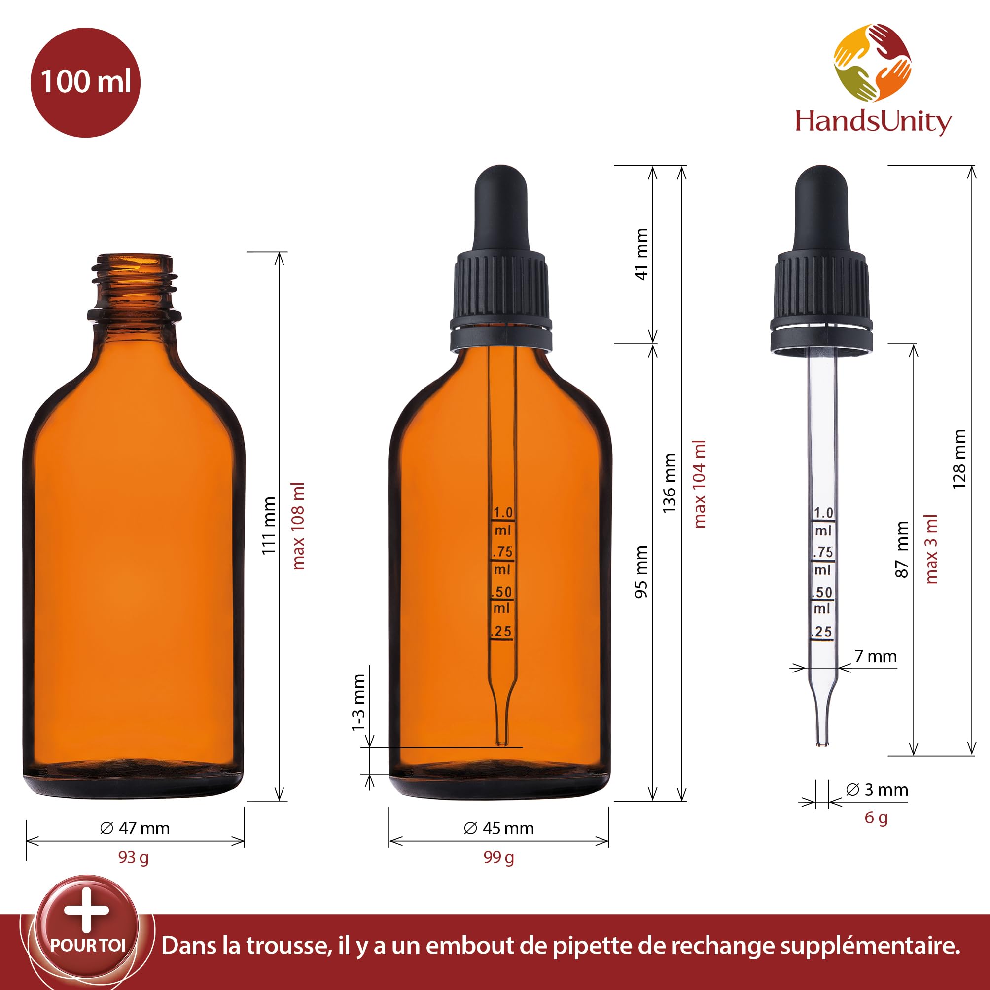100ml-12pcs Flacon Pipette Petit - Bouteilles en Verre de Pharmacie Marron Comprenant 17 Accessoires