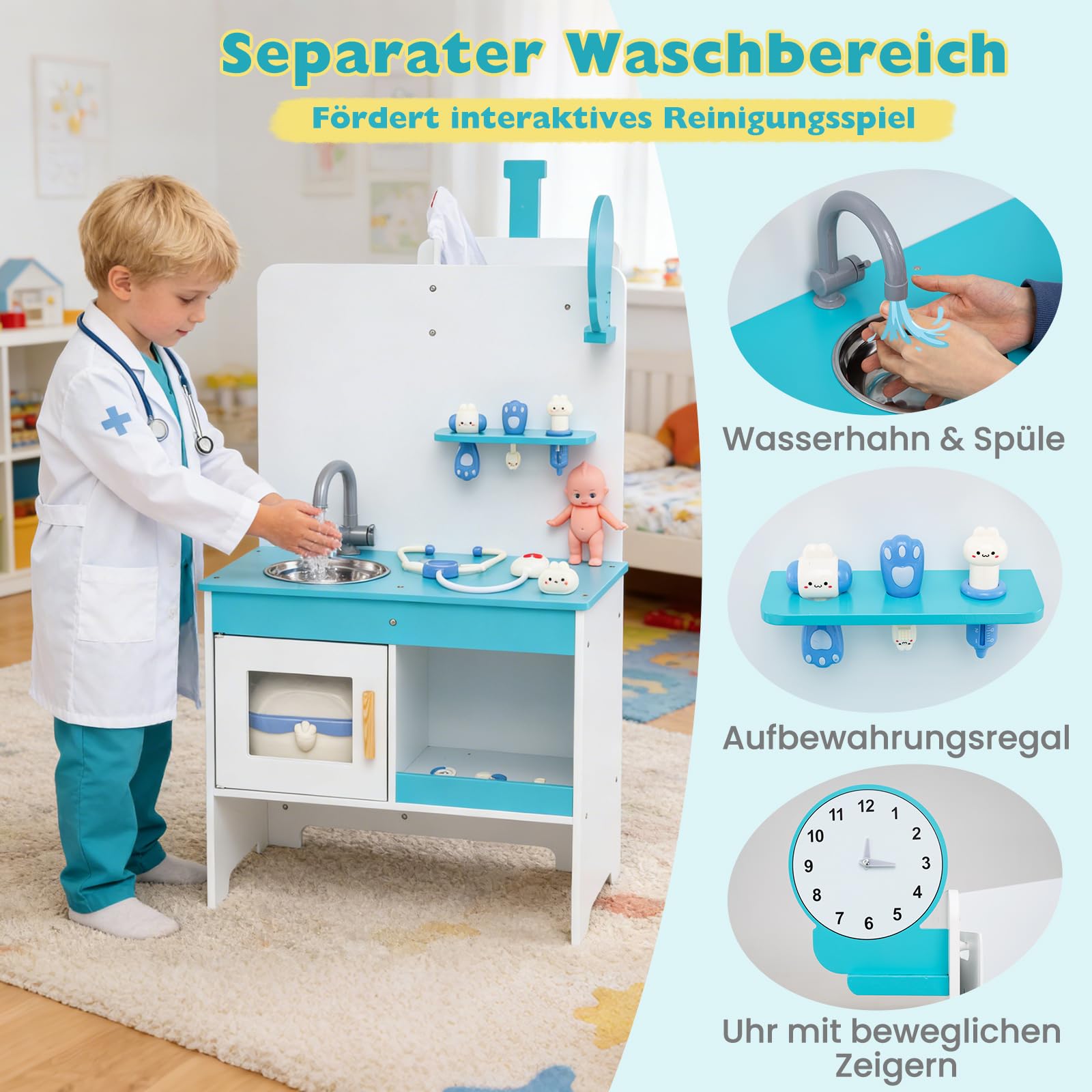 COSTWAY Arzt Kinder Spielset, Doktor Rollenspiel mit Untersuchungsraum & Arztkoffer inkl. 27 TLG. Zubehör, Arzt Set mit Wasserhahn, Waschbecken & EKG-Monitor, Holz Arztpraxis für Kinder ab 3 Jahren