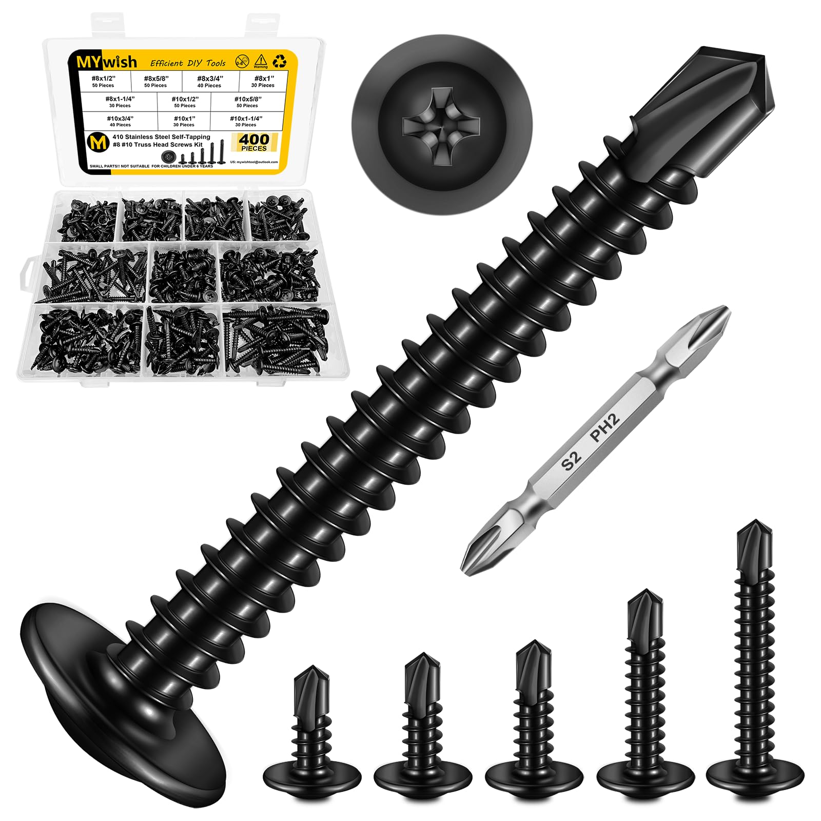 400Pcs Black Self Tapping Screws for Metal, 10 Sz #8#10 Length 1/2" to 1-1/4", Sheet Metal Screws for Metal Wood & Plastic, 410 Stainless Steel Self