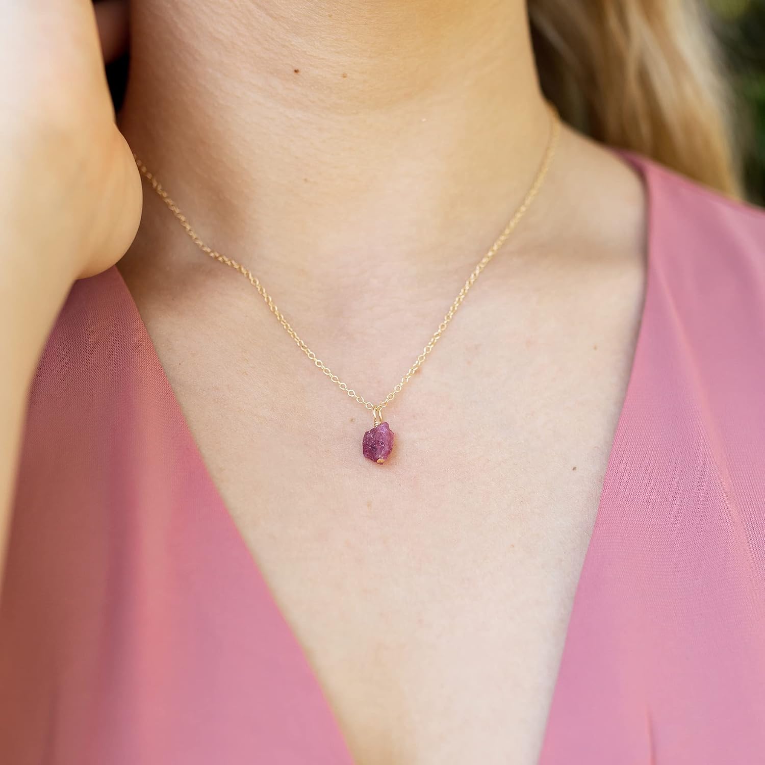 Pink Tourmaline Raw Crystal Pendant Necklace in 14k Gold Fill
