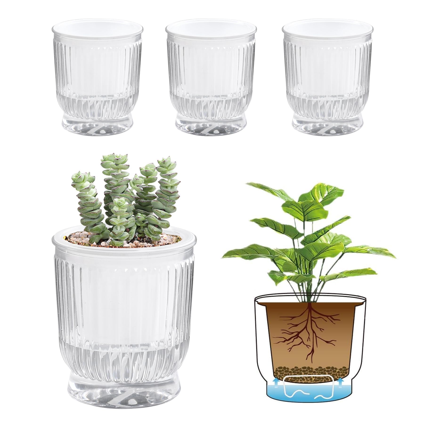 T4U Self Watering Pots for Indoor Plants 4 Inch 4 Pack Planter Clear