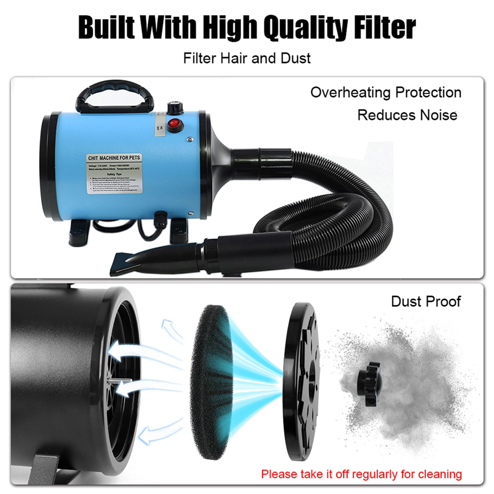 Hundefön Hundetrockner 2800W Profi Haartrockner Hunde Blower Hundefön Einstellbare Geschwindigkeit Hundefön sehr leise Pet Dryer Haustier Hundepflege -Trockner-Gebläse mit 4 Düsen und Schlauch (Blau)