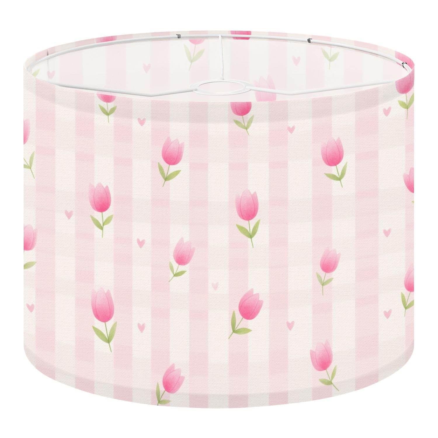 Fabric Round Drum Lamp Shade Pink Tulip Floral Hearts Soft Pink Plaid Vintage Medium Linen Decorative Assembly Replacement Lampshades 13inch Set of 1 for Table Lamps, Floor Lamps,Ceiling Lamp