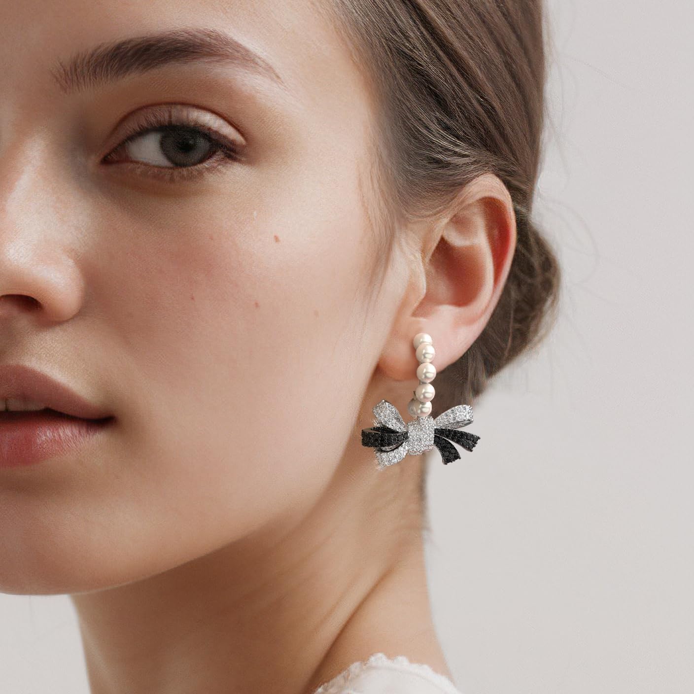 Jewelry Black and White Bow Stud Earrings, Gold-Plated Copper, 5A Cubic Zirconia, 28.5mm Length, 18.5mm Width, Sterling Silver Ear Posts, Hypoallergenic Classic Jewelry Gift