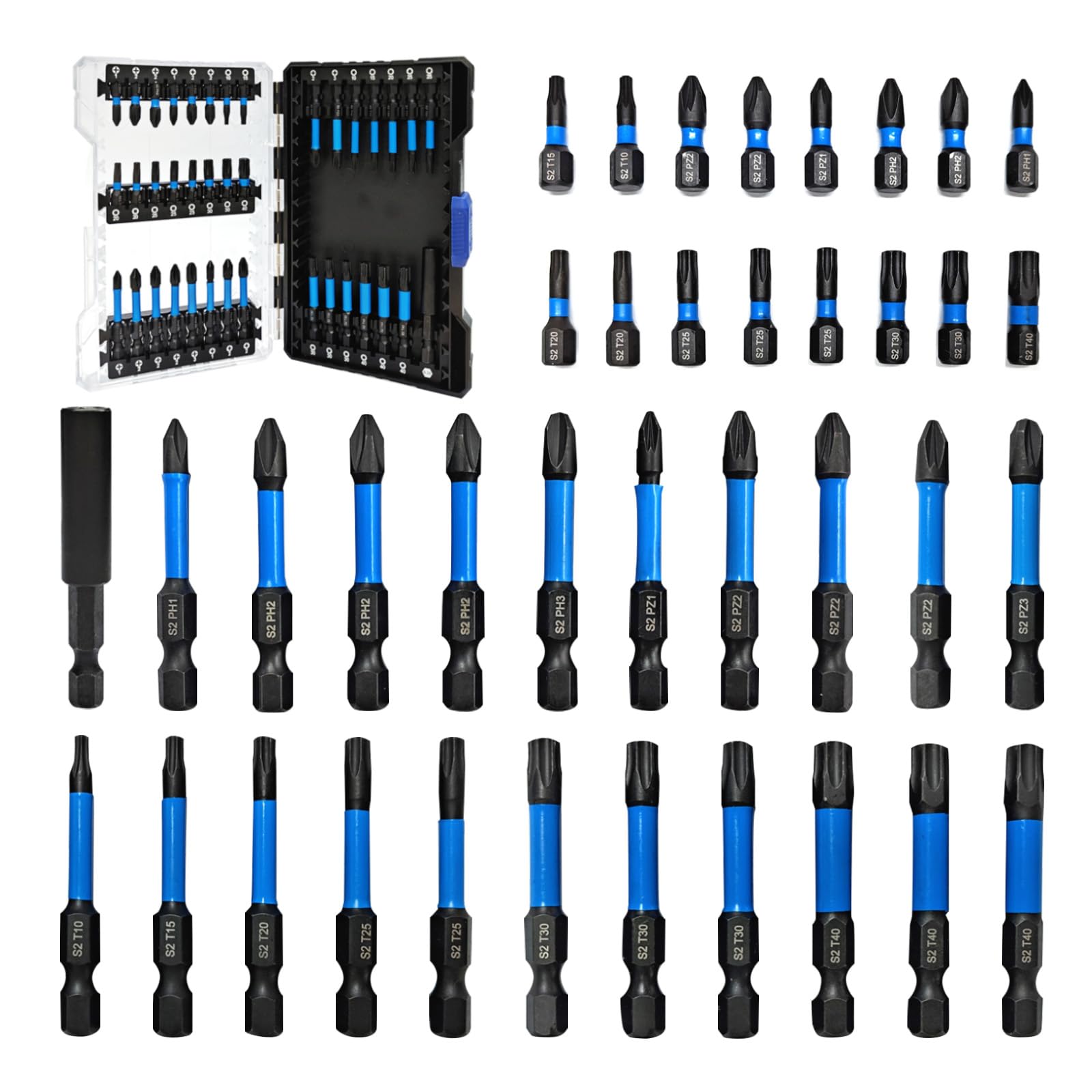 38pcs Impact Driver Bit Set, Magnetic S2 Screwdriver Bit Set, Hex Key Bit Set, Phillips, Pozidriv and Torx with 1/4” Hex Shank Bits for Electric