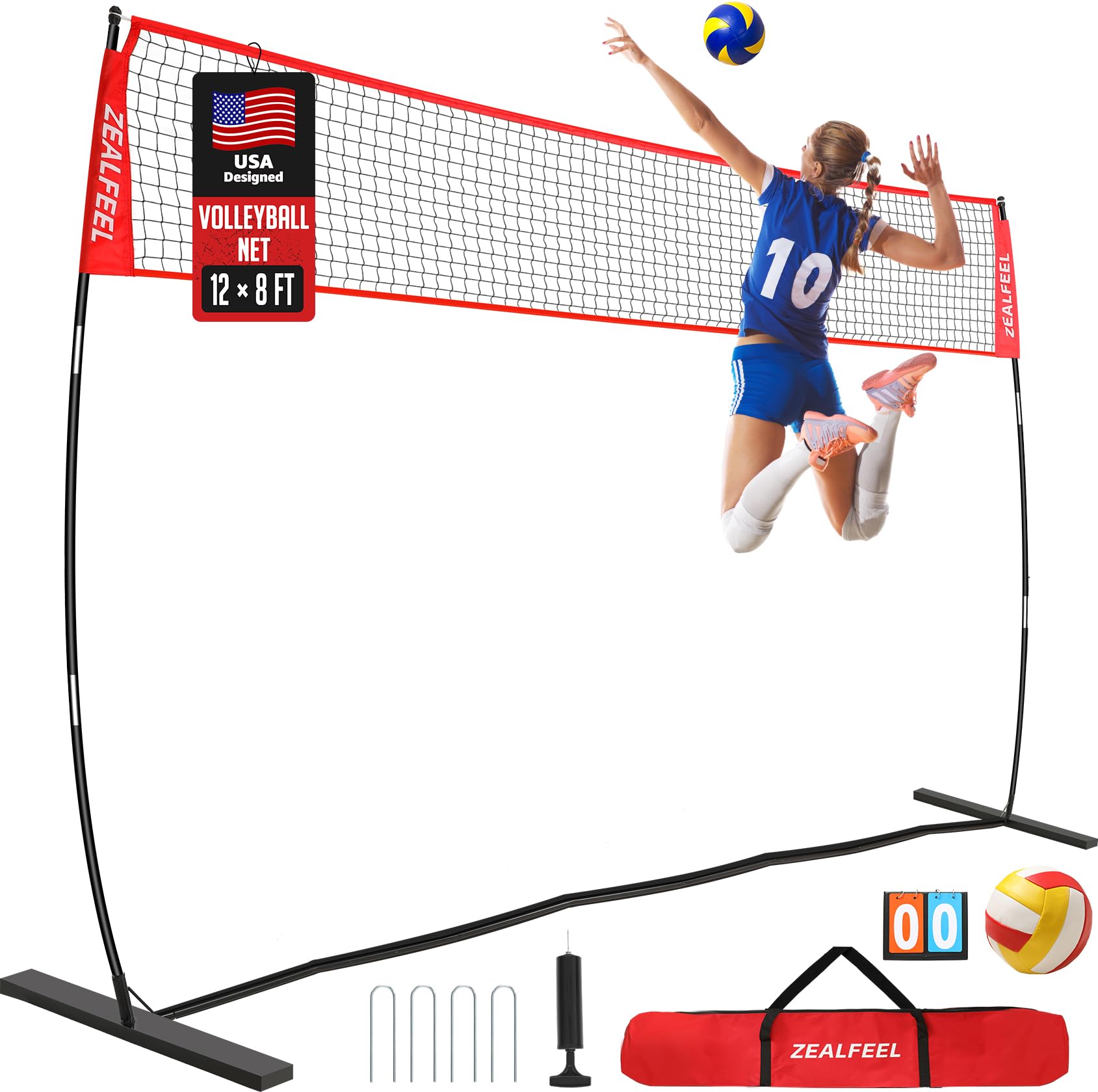 ZEALFEEL Volleyball Net, 12FT Training Set with 3-Level Adjustable Height (8'/7.4'/6.6'), Freestanding Portable Practice Net for Backyard, Serving &