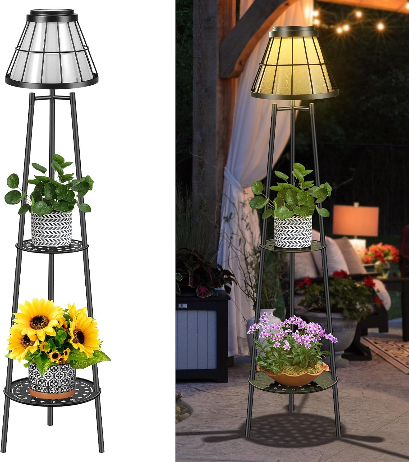 2 Pack Solar Lights Outdoor with Plant Stands, Solar Floor Lamp Street Lights Metal Tripod Patio Lights for Garden Yard Pathway Driveway Front/Back Porch Decoration-D- 2Pack Black - Double shelf
