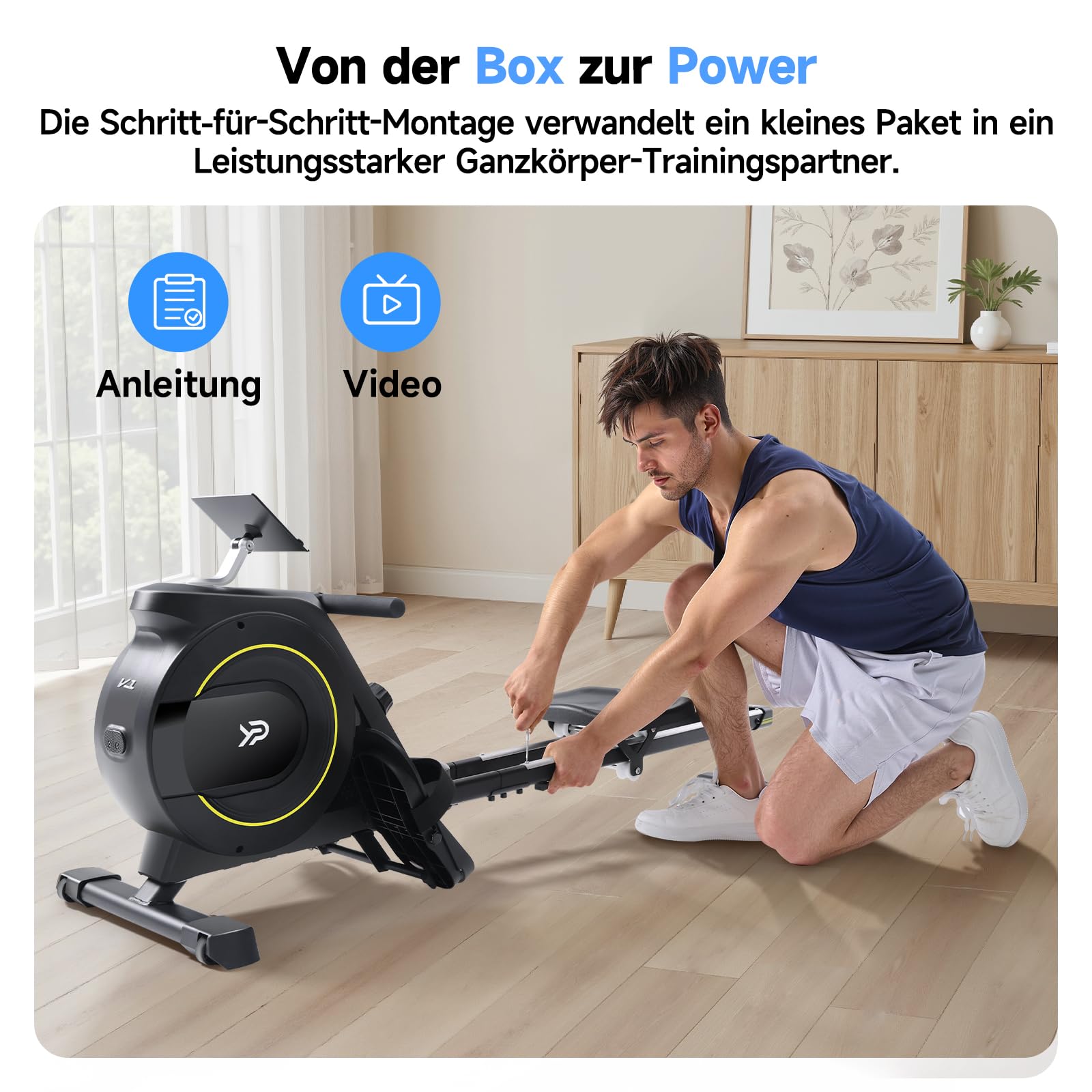 YPOO Rudergerät für Zuhause,Leise Rudergeräte Klappbar Magnetische,16 Widerstandsstufen,Upgrade Doppel-Slide-Rails,Rudermaschine LCD-Datenanzeige,Exklusiver APP,Belastbar bis160KG,Vertikal Verstaubar