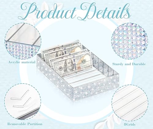 Miniatura 3 de Bandeja grande de acrílico para dinero, cristal de diamante, 8 secciones, bandeja organizadora de efectivo, divisor de plástico, soporte de