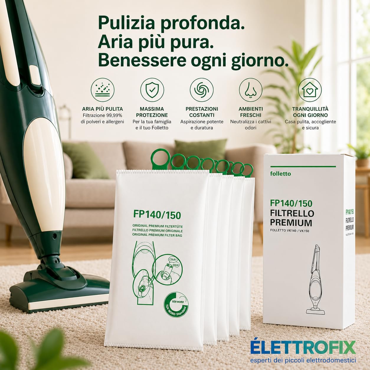 6 Sacchetti Folletto VK 140/150 ORIGINALI - Filtrello Premium FP 140/150 + DOVINA INCLUSO - per Folletto VK140/150, Triplo Strato Antipolvere, Anti Allergeni e Anti Odore