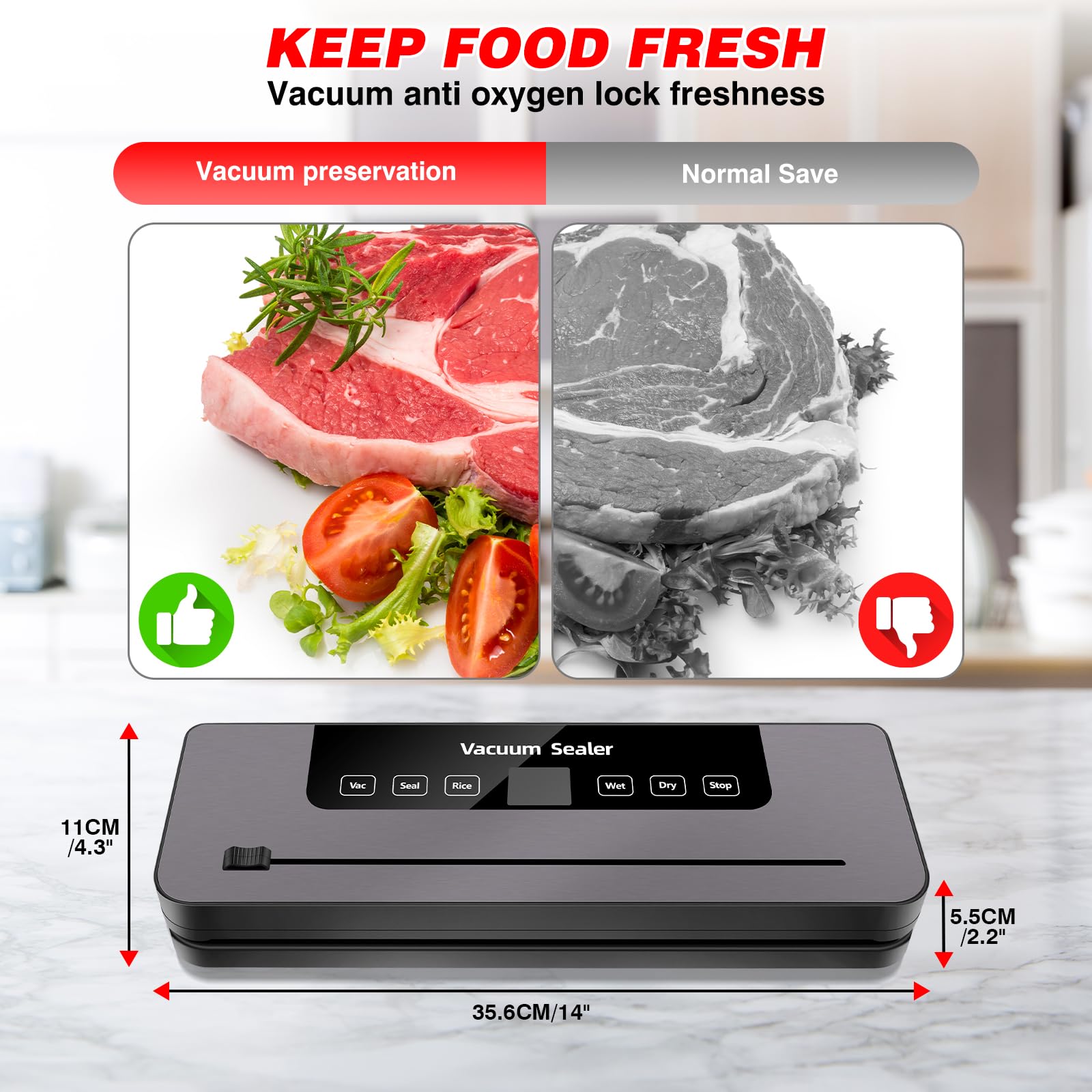 Envasadora al vacío 6 en 1 para alimentos con 10 bolsas de envasado al vacío, 60 kpa, dispositivo de sellado de láminas extraíble con indicador LED y cortador para alimentos secos y húmedos