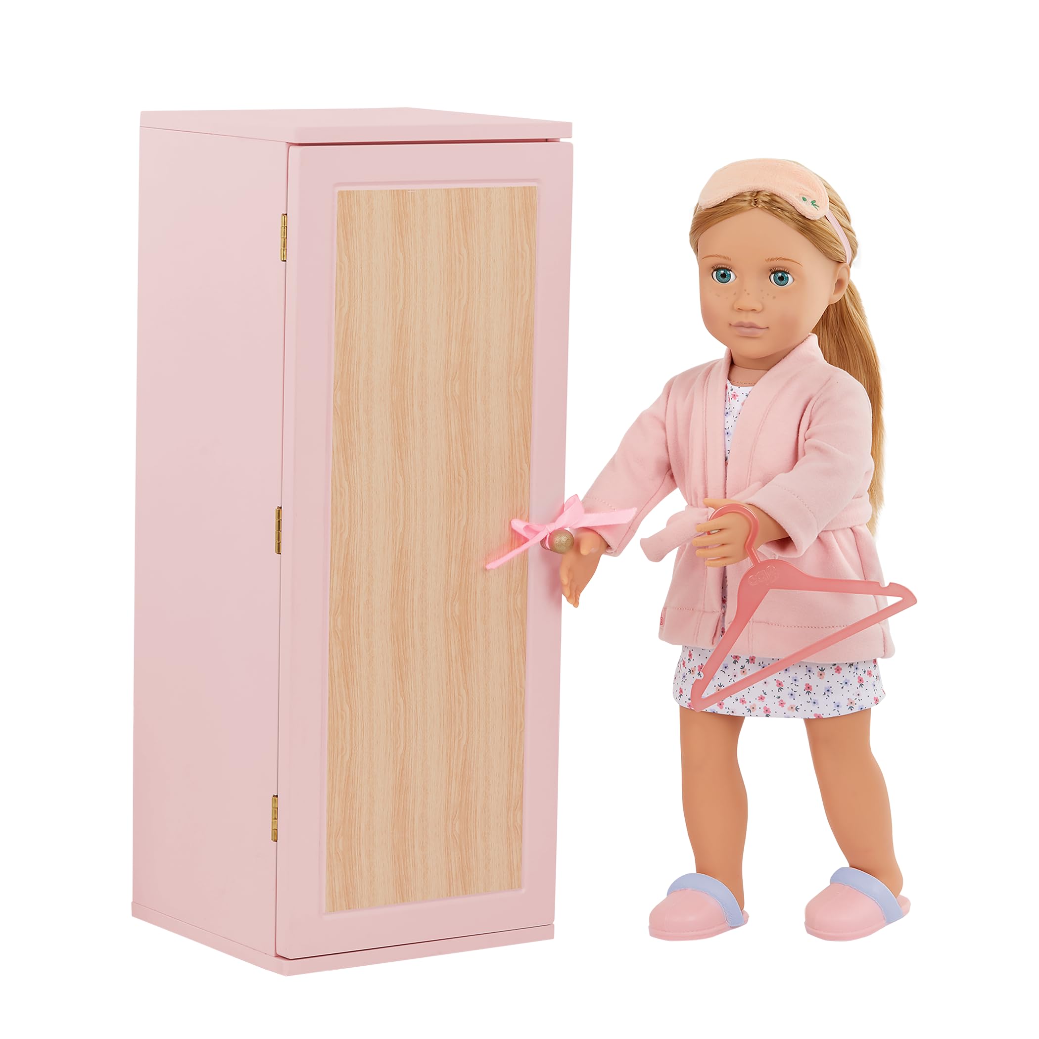 Our Generation Fashion Closet – Holz-Kleiderschrank für 46 cm Puppen – inkl. Spiegel, Schublade & Zubehör – Puppenschrank mit Outfits – Komplett montiert