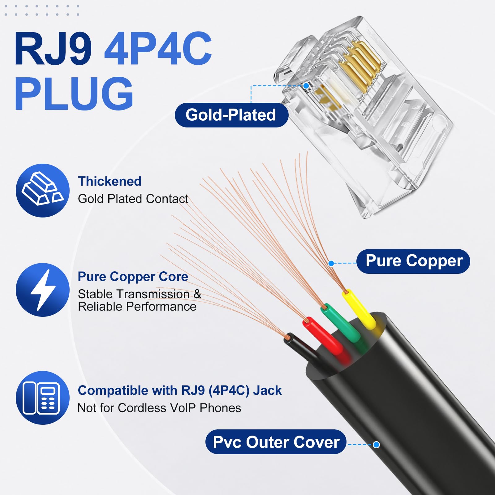 Uvital Desenredadores de Cable de teléfono para teléfono, 2 Cables fijos 3M desenrollados (0,6 m en Espiral) y 2 Cables giratorios giratorios de 360 Grados (Negro)